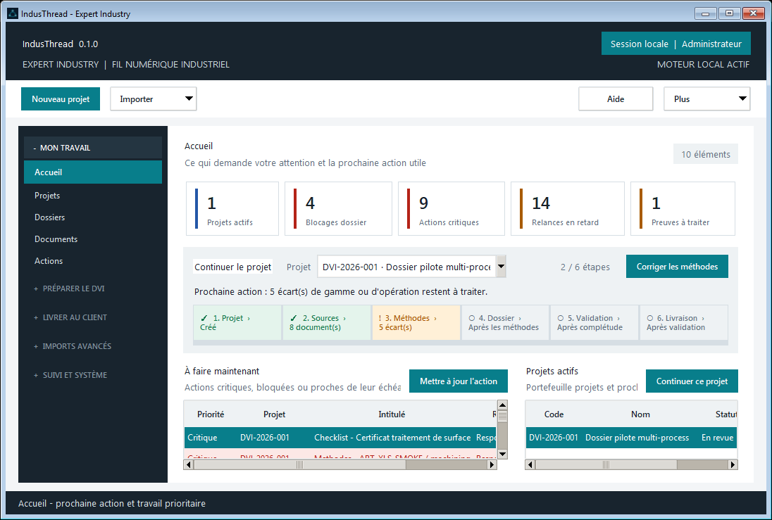 Tableau de bord IndusThread avec projets actifs, blocages, actions critiques et étapes du dossier industriel