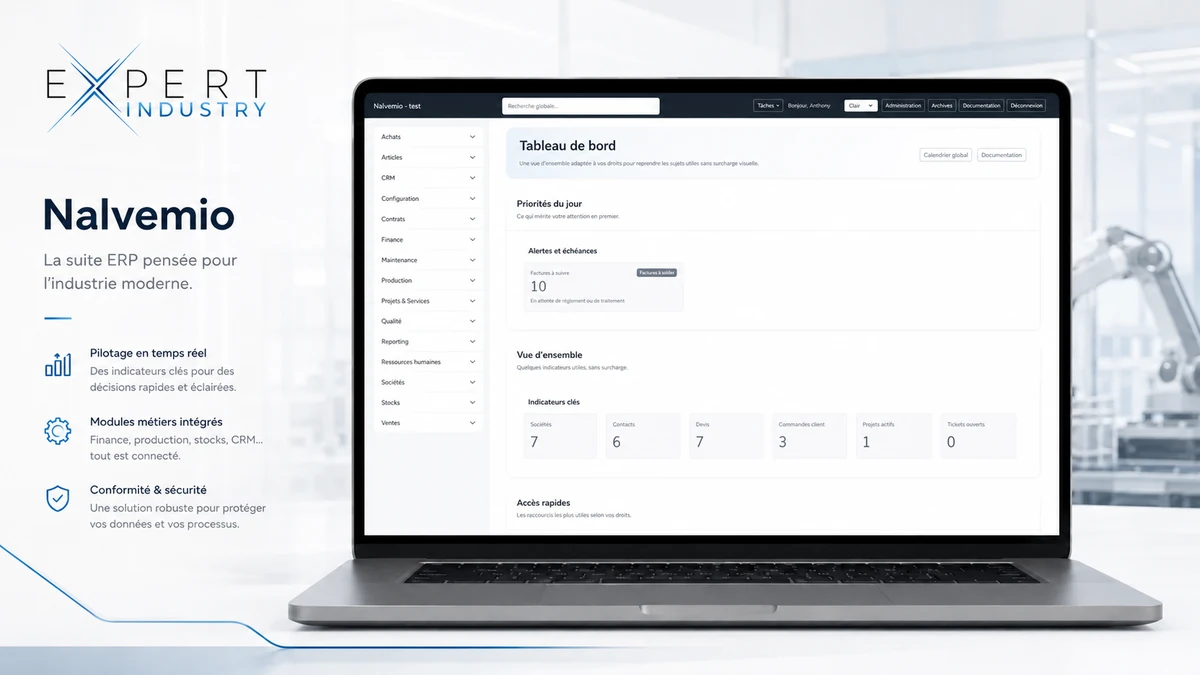 Nalvemio affiché sur ordinateur portable avec tableau de bord ERP industriel