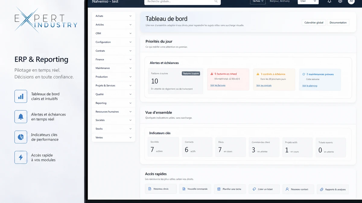 Interface ERP Nalvemio avec alertes, indicateurs clés, modules et reporting industriel