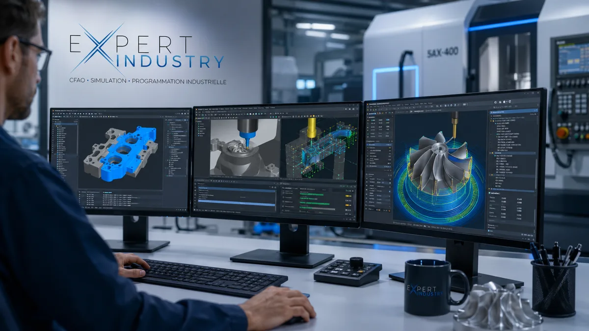 Poste de formation CFAO avec simulation CN, trajectoires d’usinage et environnement technique industriel