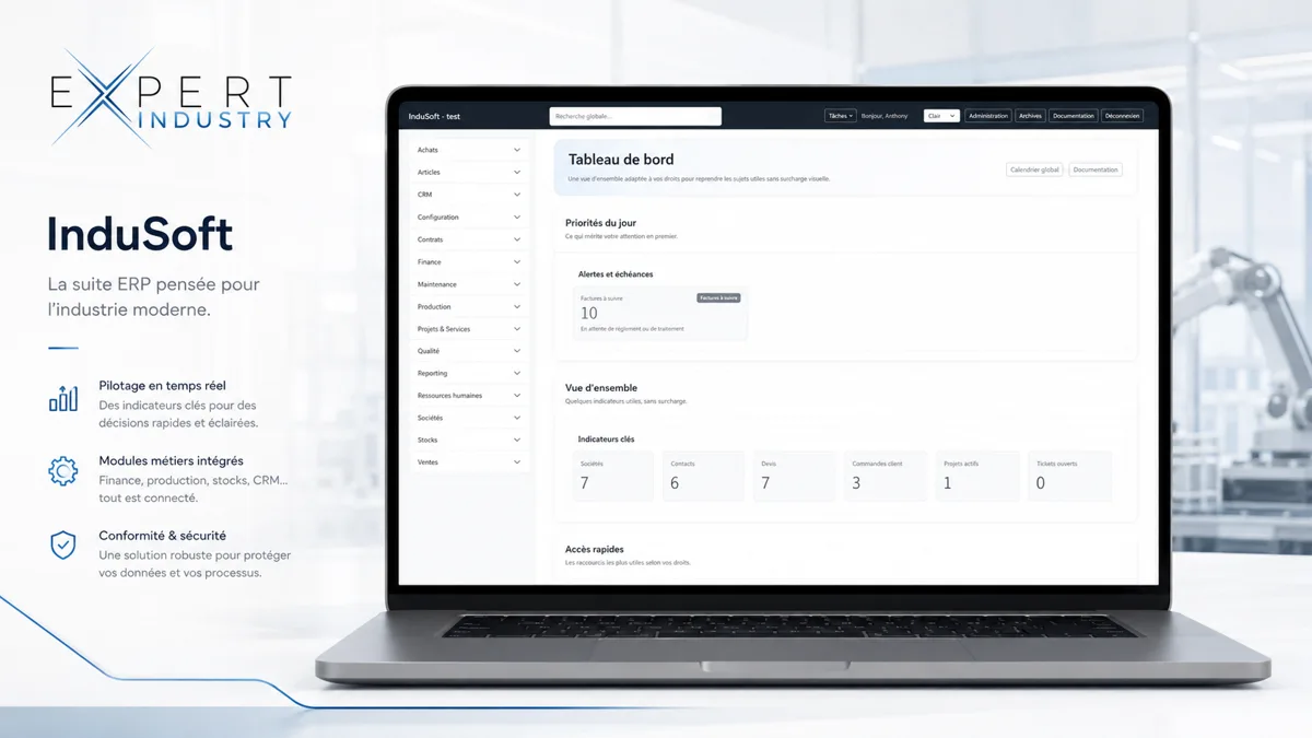 InduSoft ERP industriel léger avec tableau de bord, KPI et modules métiers pour PME